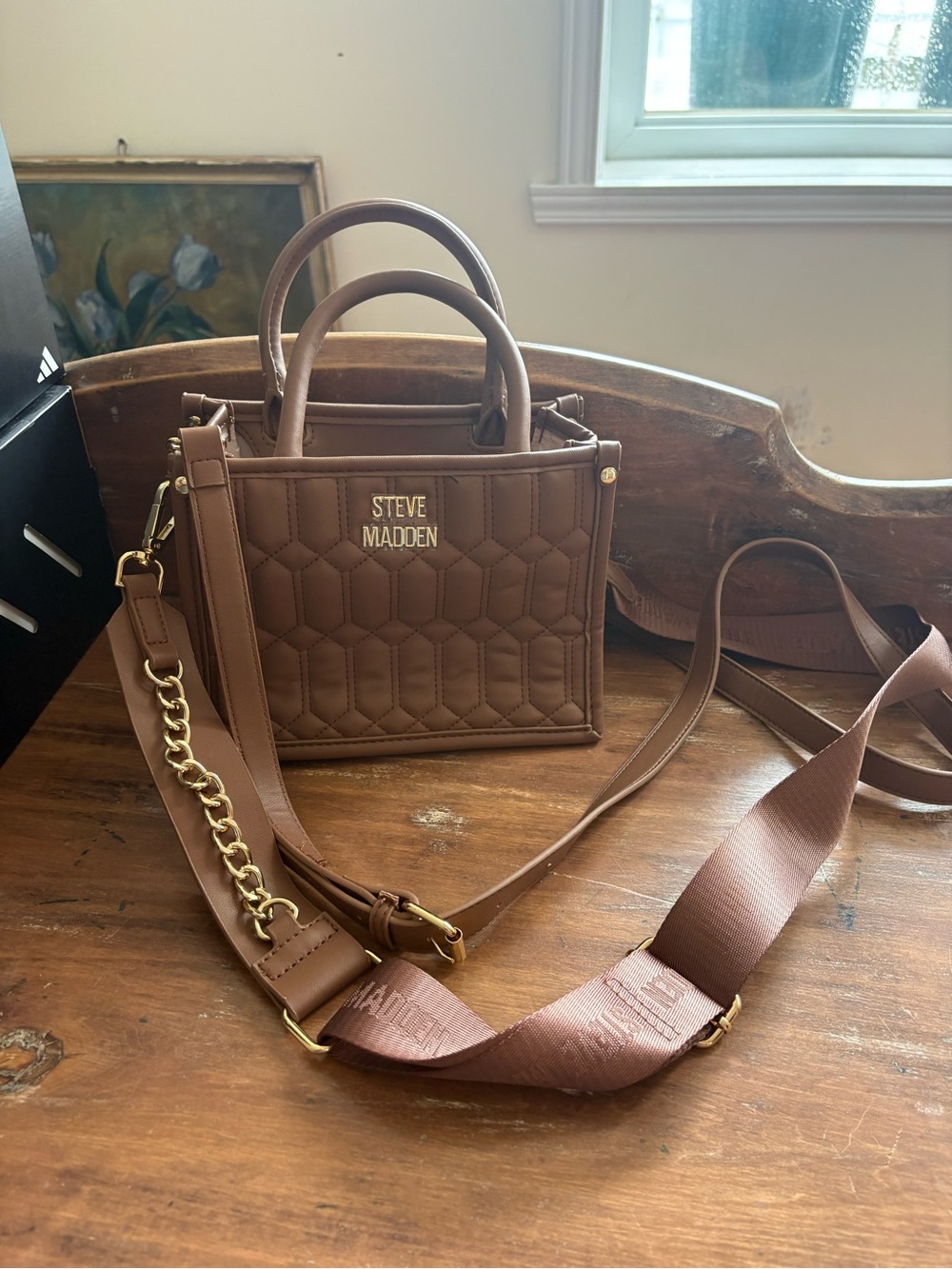 Steve Madden Quilted Brown Mini Tote with Chain Strap